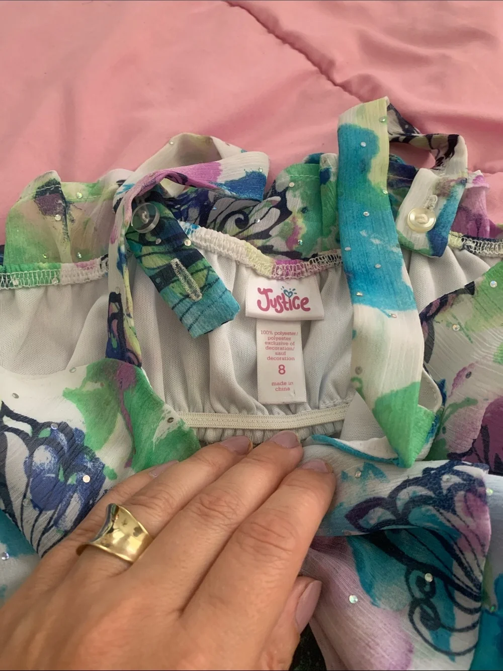 Justice Girls Watercolor Butterfly Ruffle Dress in Blue, Green & Purple